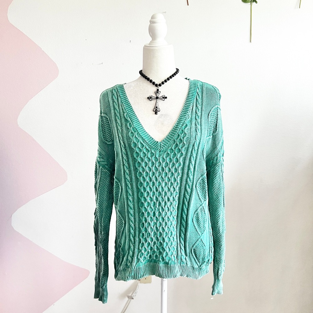 No Boundaries Womens Green Washed Cable‎ Knit V-Neck Sweater Sz XL